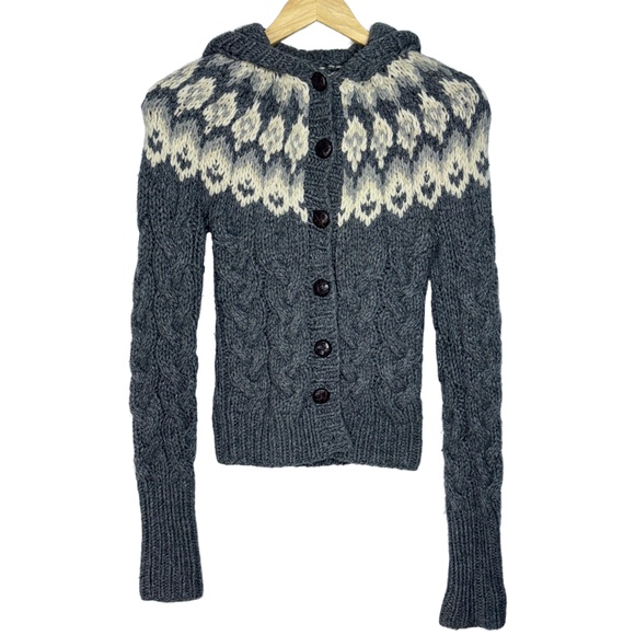 Abercrombie & Fitch Gray White Wool Cable Knit Long Sleeve Cardigan Sweater Sz M - Picture 1 of 7